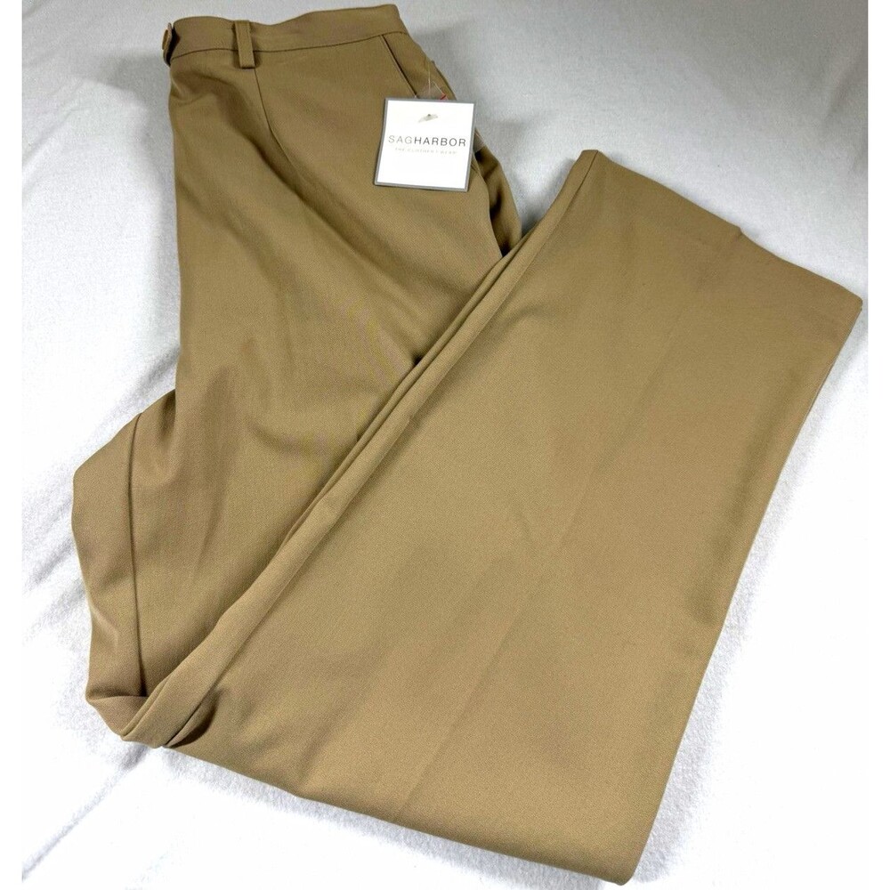 Sag Harbor Womens Dress Pants Size 14 Beige Solid Flat Front Stretch Button 470